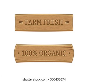 Vector set of isolated wooden badges for natural food. Organic and farm fresh product packaging labels