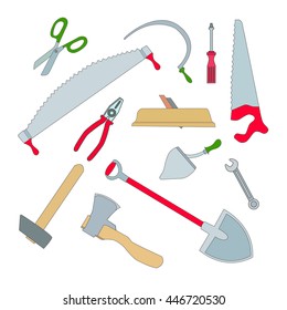 Vector set of isolated working tools: planer and an ax, a hammer and a saw, hacksaw and shovel, screwdriver and pliers.