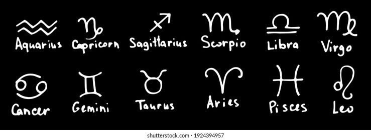 Vector set of isolated zodiac signs white outline on black background. collection of 12 astrological signs for the design template