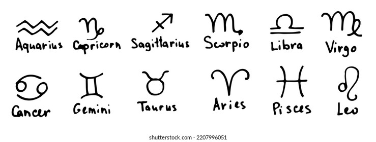Vector set of isolated zodiac signs black line isolated. a collection of 12 astrological zodiac signs names and signs for a design template Doodle collection 