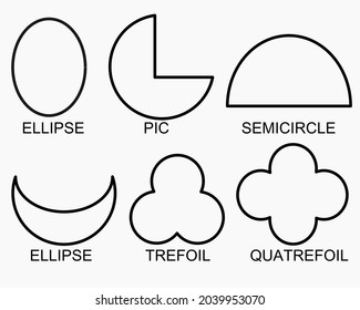 Vector set of isometric 2d geometric shapes. pictures of ellipses, pics, semicircles and more