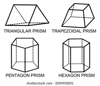 Vector set of isometric 3d geometric shapes. Image of triangular prism, trapezoidal prism, pentagon prism, hexagon prism.