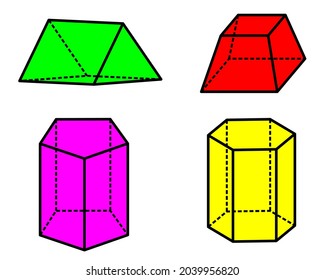 Vector set of isometric 3d geometric shapes. Image of triangular prism, trapezoidal prism, pentagon prism, hexagon prism.