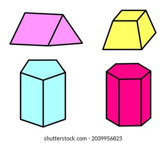 Vector Set Of Isometric 3d Geometric Shapes. Image Of Triangular Prism, Trapezoidal Prism, Pentagon Prism, Hexagon Prism.