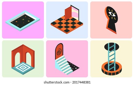 Vector Set of Isometric Abstract Sign Related to Psychology Symbols, New Opportunities, Internal Space of Soul and Portals Leading to Themselves - elements in trendy style