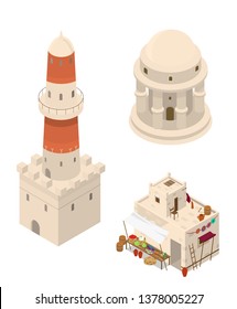 Vector set of isometric arabic buildings. Market place, tower, rotunda. Middle Eastern traditional architecture. Mud brick buildings. 