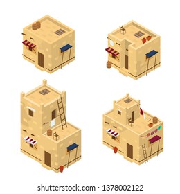 Vector set of isometric arabic living houses. Middle Eastern traditional architecture. Mud brick buildings.