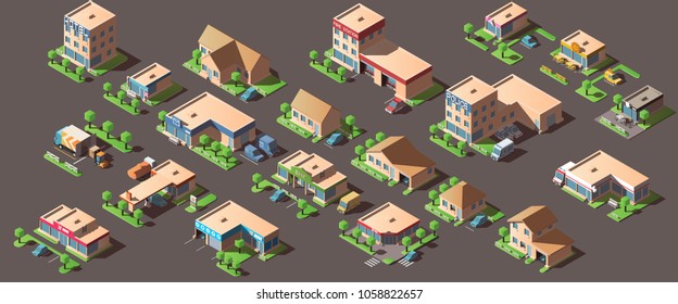 Vector set with isometric city buildings.