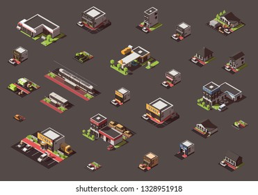 Vector set with isometric city buildings and transport.