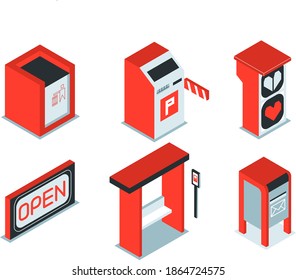 Vector Set Of Isometric City Objects. Number Of Urban Elements: Bus Stop, Bin, Parking, Traffic Light, Post Box, Open Sign. Hand Drawn Icons. White Background. 