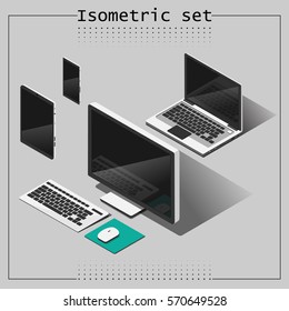 Vector set of isometric devices. notebook, tablet, mobile and computer