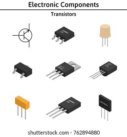 Vector set of isometric electronic components. Collection of transistors.