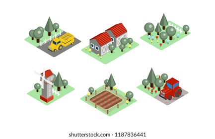 Vector set of isometric farm icons. Tractors, field with harvest, wooden barns, windmill and garden. Agricultural compositions