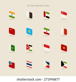 Vector set of isometric flags in simple style of India, Qatar, Bahrain, UAE, China, Kazakhstan, Iran,Singapore, Pakistan, Jordan, Indonesia, Vietnam, Taiwan, Thailand, Philippines, Kuwait