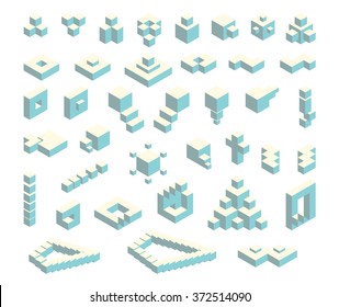 Vector Set Of Isometric Flat Cubes Constructor, Abstract Shapes And Icons Made Of Blue Cubes