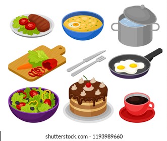 Vector set of isometric food icons. Fried eggs, bowl of soup, cake, vegetable salad, cup of coffee