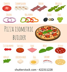 Vector set of isometric food icons. Ingredients for pizza. Ham, onions, sausage, cheese, mushrooms and other elements to build custom tasty pizza. 