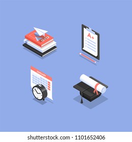 Vector set of isometric icons for education in school, college or university, such as exam, graduation, schedule and textbooks.