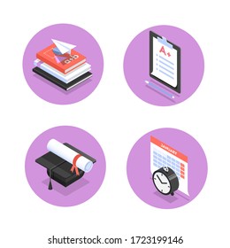 Vector set of isometric icons for education process in school, college or university, such as tests, graduation, lesson schedule and textbooks.