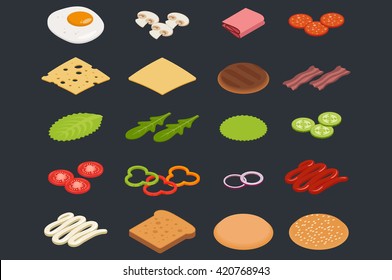 Vector set of isometric icons. Ingredients for burgers and sandwiches. Fried egg, onions, beef, cheese, cucumbers and other elements to build custom burger. Icons for fast food design.