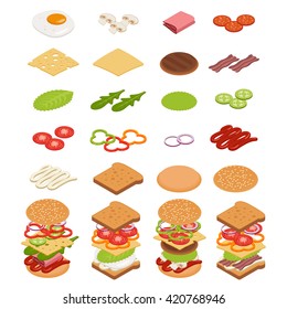 Vector set of isometric icons. Ingredients for burgers and sandwiches. Fried egg, onions, beef, cheese, cucumbers and other elements to build custom burger. Icons for fast food design. Tasty snack.