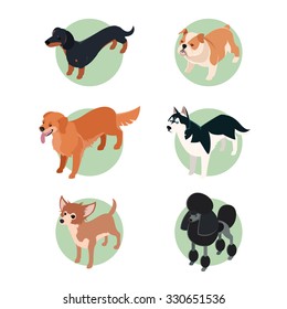 Vector set of isometric icons of various dogs