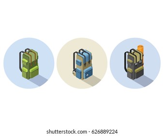 Vector set of  isometric illustration of camping backpack, Camp and hike bag icon 