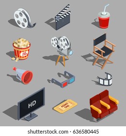 Vector set of isometric illustrations making movies and watching a movie in the cinema. Design elements