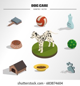 Vector set of isometric objects of dalmatian and various dog supplies.