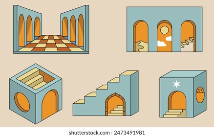 Vector Set of Isometric Objects Related to Stairs with Doors, Portals, Arcs. Alternative solution. Surrealism and Dreams. Design Elements