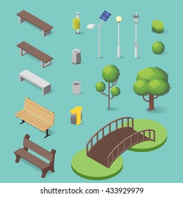 Vector set of isometric park objects: bench, trash box, trees, lamps and bridge.