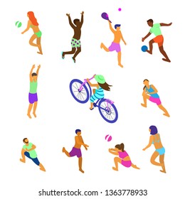 Vector set of isometric people of different ethnicity in doing summer sports. Summer activities: riding beach bike, playing beach volley, soccer, racket ball, doing yoga, jumping.