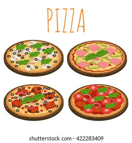 Vector set of isometric pizzas isolated on white background. 