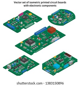 Vector set of isometric printed circuit boards with electronic components