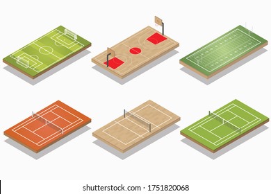 Conjunto de vectores de campos deportivos isométricos. - fútbol, baloncesto, fútbol americano, tenis y campo de voleibol.