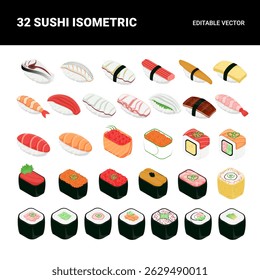 Conjunto vetorial de ilustração de sushi isométrica, incluindo vários estilos de sushi japonês adequados para modelos de menu e designs de embalagem de alimentos