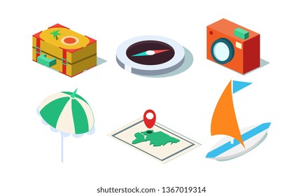 Vector set of isometric travel objects. Yacht, photo camera, beach umbrella, suitcase, map and compass.