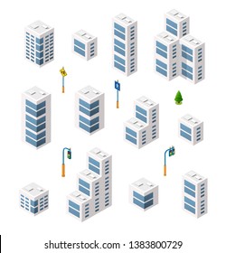 Vector set isometric urban architecture building of modern city with street, skyscraper, and town, house. For business illustration and construction map shape background