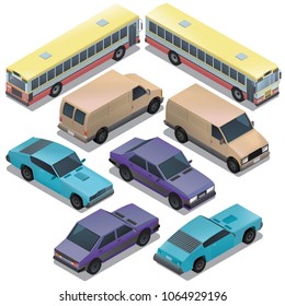 Vector set of isometric urban transportation. Cars with shadows isolated on white background. Sedan, bus, sport, retro, wagon, van automobiles in cartoon style. Collection of city vehicles.