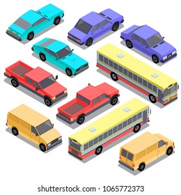 Vector set of isometric urban transportation. Cars with shadows isolated on white background. Hatchback, pickup, sedan, bus, sport, retro, van automobiles in cartoon style. Collection of city vehicles