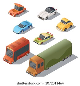 Vector set of isometric urban transportation. Cars with shadows isolated on white background. Automobiles in cartoon style - bus, truck, hatchback, retro, sedan, sport . City vehicles collection.
