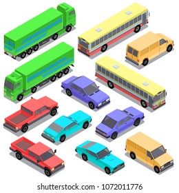 Vector set of isometric urban transportation. Cars with shadows isolated on white background. Truck, lorry, hatchback, pickup, sedan, bus, sport automobiles in cartoon style. City vehicles collection