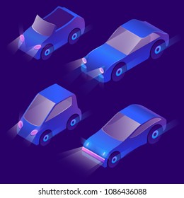 Vector set of isometric urban transportation at night with turned on headlights. Parking with private cars with headlamps isolated on dark background. Collection of automobiles in cartoon style