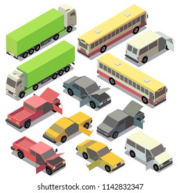 Vector set of isometric urban transportation. Cars with open doors, hood isolated on white background. Repairs of truck, pickup, sedan, bus, sport automobile in cartoon style. Rent of city vehicles