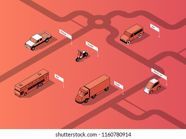 Vector set of isometric urban transportation on road. Cars with shadows on route, isolated on red background. Automobiles - bus, truck and others. City vehicles collection.