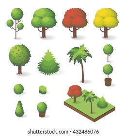 Vector Set Of Isometric Various Trees: Fir-tree, Apple Tree, Palm Tree. 