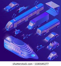 Vector set of isometric violet urban public transport for passenger transportation. Private cars, cruise liner and other transport at night. Collection of ultraviolet vehicles in cartoon style.