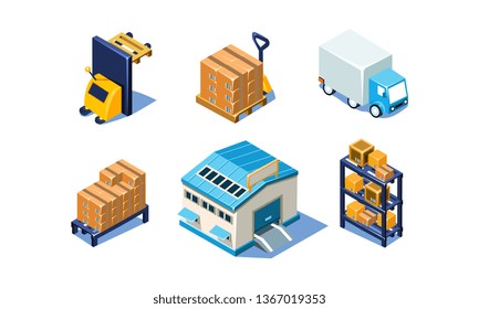 Vector set of isometric warehouse and logistics elements. Storage and transportation. 3D icons