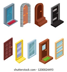 Vector set of isometric windows and entrance doors. Elements for web-site, mobile or computer game