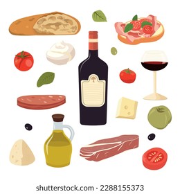 Vector set of Italian appetizers and drinks. Illustration with cheese, meat, bread, tomatoes, olive oil, and wine. Isolated on white background.